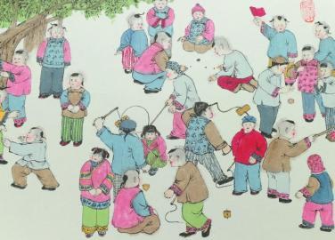 江华光的画作描绘了他幼年时候关于儿童游乐方式的记忆。